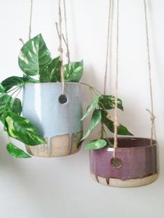 two hanging planters with plants in them