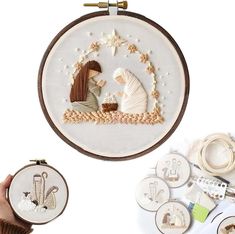 the embroidery kit is being used to make this nativity scene with two people and a star