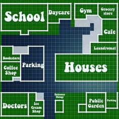 a green and blue poster with words on it that read school, parking, shops