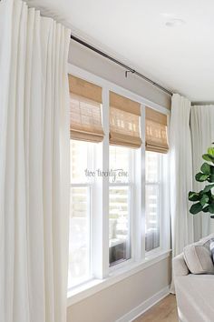 a living room with white drapes and a plant in the corner on the window sill