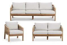 three pieces of furniture with white cushions and wood frame, including two couches and one loveseat