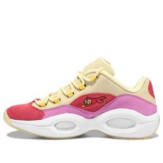 The BBC Ice Cream x Reebok Question Low 'Yellow Red' is a special edition shoe developed in partnership with Pharrell's streetwear brand. This low-top shoe features a yellow nubuck upper, pink suede mudguard, and contrasting red toe cap in perforated suede. The same crimson suede detailing is applied to the heel tab and quarter panel, accented with the BBC running dog graphic on the lateral side. Ice Cream branding decorates the tongue tag. This shoe is perfect for anyone who wants to make a sta Yellow Sneakers With Red Sole For Sports, Sporty Yellow Custom Sneakers With Red Sole, Sporty Custom Yellow Sneakers With Red Sole, Custom Yellow Low-top Sneakers With Red Sole, Yellow Sporty Sneakers With Red Sole, Sporty Yellow Sneakers With Red Sole, Yellow Sneakers With Red Sole, Yellow Lace-up Sneakers With Red Sole, Ice Cream Branding