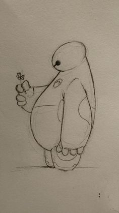 a drawing of a penguin holding a flower in it's right hand and looking at the viewer