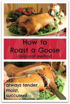 how to roast a goose with the help of a knife and fork on a green plate