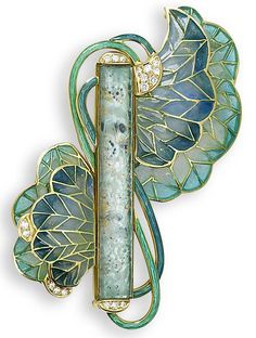 A plique-à-jour enamel and glass brooch, designed by Ivor Gordon. The central rectangular foiled eau-de-nil glass plaque, circa 1910 ~ by Lalique Grandmother Jewelry, Guilloche Enamel, Jewelry Board, Wallpaper Vintage, Popular Jewelry