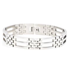 Versatile with a sleek vibe, our mens stainless steel link bracelet will give him a handsome accent day or night. The modern links keep our stainless steel bracelet stylish. Our link bracelet is great look from work to weekends and the motif adds class. Evocative of eternal flow and bonds of friendship and love, the bravelet is a beloved motif. This stunning, men's link bracelet showcases a classic, this link design fashioned in luminous, stainless steel for a sophisticated finish to any look. S Mens Link Bracelet, Link Design, Silver Age, Steel Bracelet, Stainless Steel Bracelet, Jewelry Branding, Link Bracelets, The Row, Age Group