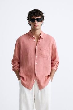 100% LINEN SHIRT - White / Gray | ZARA United States White Shirt Outfit Men Casual, Linen Polo Men, Pink Mens Outfit, Pink Outfits For Guys, Dressing Ideas For Men, Pink Outfit Men, Linen Outfit Men, Zara Men Outfits, Dusty Pink Outfits