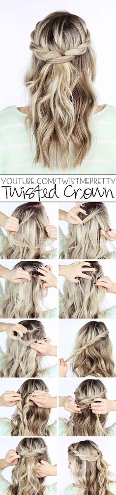 Cool and Easy DIY Hairstyles - Twisted Crown Braid - Quick and Easy Ideas for Back to School Styles for Medium, Short and Long Hair - Fun Tips and Best Step by Step Tutorials for Teens, Prom, Weddings, Special Occasions and Work. Up dos, Braids, Top Knots Sanggul Cepol, Braid Crown Tutorial, Diy Wedding Hair, Hairstyle Tutorials, Haircut Styles, Pinterest Hair, Winter Formal