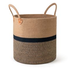 a brown and black basket with handles on the bottom, sitting in front of a white background