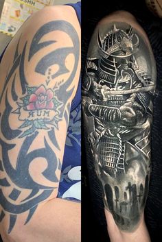 two different tattoos on one arm and the other half sleeve