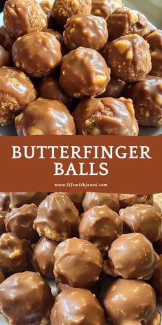 chocolate covered peanut butter balls on a plate with text overlay that reads, butterfingerer balls