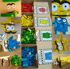 several pictures of different types of legos made out of construction paper and colored blocks