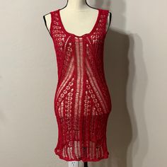 Beautiful Nwt Armpit To Armpit 13” Length 36” 80% Acrylic 20% Nylon Red Fitted Beach Dress, Red Knee-length Mini Dress For Vacation, Red Knee-length Mini Dress For Beach, Red Beachwear Mini Dress For Spring, Casual Red Lace Dress, Red Stretch Mini Dress For Summer, Red Sleeveless Mini Dress For Holiday, Red Fitted Beachwear Dress, Red Knee-length Beach Dress