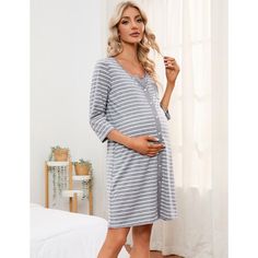 Front button closure/V-neck/Three-quarter sleeves/Stripe design,high quality soft and comfortable fabric sleepshirt takes you comfy and relaxation.Classic striped V neck sleepwear makes this pjs gown more fashion and unique.the buttons down design dress is perfect for breastfeeding, you can use this long shirt as a nursing nightgown and wear a nursing bra underneath, very useful and convenient. Spring Nursing-friendly White Sleepwear, White Nursing-friendly Sleepwear, Maternity Nightgown, Maternity Long Sleeve Sleepwear, White Nursing-friendly Long Sleeve Sleepwear, Nursing Nightgown, Spring Long Sleeve Nursing-friendly Sleepwear, Cotton Long Sleeve Nursing-friendly Sleepwear, Sleep Dress