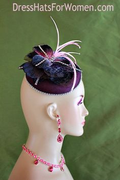 Women's Egg Plant Purple Sinamay Straw Velvet Flower Fashion Designer Haute Couture Hat Headpiece Wedding Fascinator Hair Accessory. A Large Vintage Beautiful Purple And Pink Flower Is Placed On An Eggplant Purple Simulated Straw Round Base, Accented With Pink Feathers. Acrylic Rhinestones Are Placed Within The Flowers And Base Of The Feathers. A Row Of Acrylic Rhinestone Encircles The Base Of This Beautiful Headpiece. This Formal Art Deco Styled 1920's Style Flapper Hat Wedding Headpiece Can Be Special Occasion Hats, Mother Of The Bride Hats, Custom Made Hats, Preakness Stakes, Velvet Flower, Horse Races, Bridal Fascinator, Couture Hats, Wedding Fascinators