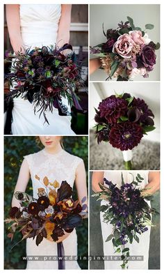 wedding bouquets with purple flowers and greenery are shown in four different pictures, including the bride's bouquet