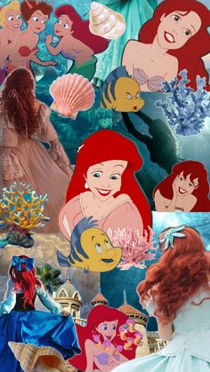 the little mermaid is surrounded by other disney characters