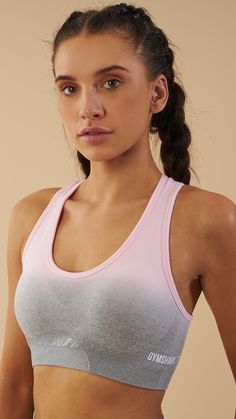 Style and support. Soft and stunning with a second-skin feel, the Ombre Seamless Sports Bra is designed to flatter, support and enhance. Coming soon in Chalk Pink and Light Grey Marl. Pink Gymshark, Athletic Wear Fashion, Colour Gradient, Gym Workout Outfits, Fitness Photos, Seamless Sports Bra, Women's Workout, Womens Workout Outfits