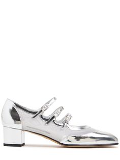 40mm Heel. Metallic leather and mesh upper. Adjustable straps with buckle closure. Leather lining and insole. Leather sole Carel Paris, Tone Calves, Versace Brand, Silver Pumps, Ski Accessories, Blue Pumps, White Pumps, Patent Leather Pumps, Sports Accessories