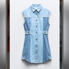 Zara Patchwork Denim Mini Denim Dress Size Xl Nwt Light Blue Denim Dress, Casual Patchwork Denim Dress For Spring, Spring Patchwork Denim Dress In Medium Wash, Blue Denim Patchwork Top For Summer, Casual Patchwork Denim Top For Summer, Sleeveless Patchwork Denim Dress For Spring, Casual Patchwork Denim Vest For Summer, Trendy Light Blue Denim Dress, Blue Denim Vest For Spring