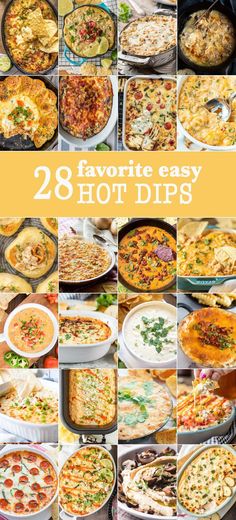 collage of photos showing different types of pizzas and dips in pans