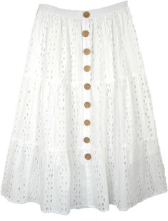 A dream of big white eyelet with brown buttons running vertically through the center. An excellent choice for a white cotton elegant summer mid length skirt which has a perfect fall and is 3/4 lined along the length of the skirt. Compliments will come your way, for sure! Length:32"; Waist: S, M, L and XL; Material: 100% Cotton with cotton lining; Care: Hand wash only White Buttoned Skirt For Daywear, White Button Skirt For Summer, White Midi Skirt With Button Closure, Long White Lace Skirt, Off White Skirt, Midi Skirt White, White Eyelet Skirt, Styling Hacks, Skirt Outfit Summer