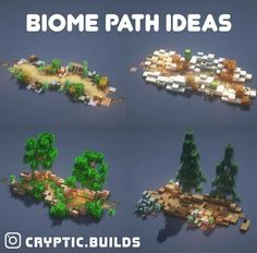 some different types of trees and bushes in the middle of an image with text that reads biome path ideas