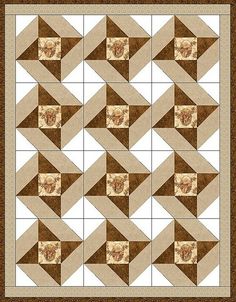 a brown and white quilt with squares on the bottom, one has an animal in it's head