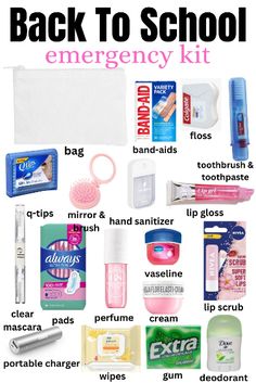 the back to school emergency kit is shown with all its contents labeled in black and white