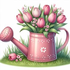 a watering can filled with pink tulips on top of green grass and flowers