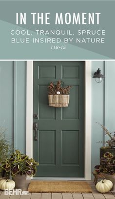 a green door with the words in the moment cool, tranquil spruce blue inspired by nature