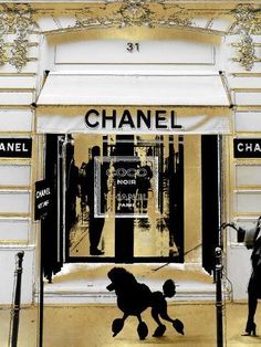 a black and white photo of a chanel storefront with a dog on the sidewalk