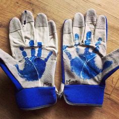 two blue and white gloves sitting on top of a wooden floor