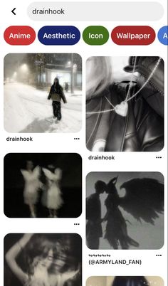 an iphone screen with multiple pictures and captions on the bottom right corner, below which are images of people walking in the snow