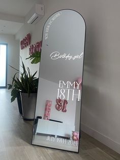 a large mirror sitting in the middle of a room next to a potted plant