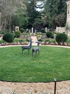 two statues of deer in the middle of a garden