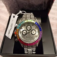 Ed Hardy Nwt Women's Watch. Rainbow Around Clock And Rhinestone Band. Absolutely Stunning ! One Of A Kind Silver Diamond Watch With Rhinestones And Crystal, Silver Watch With Rhinestones And Cubic Zirconia, Silver Diamond Watch With Rhinestones, Silver Cubic Zirconia Watch With Rhinestones, Silver Diamond Watch With Cubic Zirconia For Parties, Silver Cubic Zirconia Diamond Watch For Party, Silver Diamond Watch With Crystal For Parties, Silver Diamond Watch With Bling For Party, Silver Crystal Diamond Watch For Parties