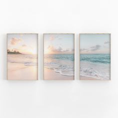 three framed pictures hanging on the wall next to each other in front of an ocean