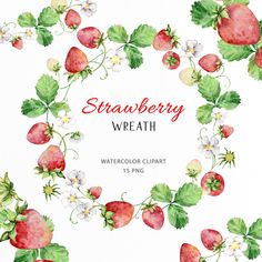 a watercolor strawberry wreath with white flowers and green leaves