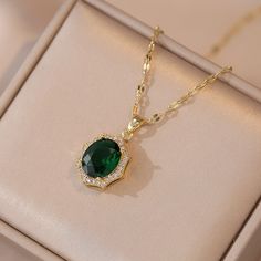 Material: Titanium Steel Fashion Element: Petals Style: Affordable luxury style Luxury Formal Emerald Pendant Necklace, Elegant Emerald Pendant Necklace For Gift, Luxury Emerald Pendant Necklace Gift, Elegant Emerald Pendant Necklace, Elegant Gold Plated Emerald Pendant Necklace, Stone Studs, Green Stone, Elegant Outfit, Luxury Design