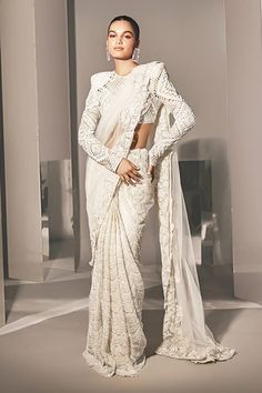 Ivory wave floral cutwork saree with crystal, bugle and thread embroidery. Paired with a full sleeve cutwork embroidered blouse and petticoat. - Aza Fashions Ritika Mirchandani, Floral Cutwork, Saree Gowns, Dhoti Saree, Cotton Sarees Handloom, Cutwork Saree, Ruffle Saree, Drape Saree, Lehenga Saree