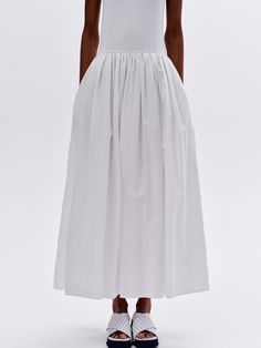 Cotton Tank Dress, White Casual Sleeveless Dress With Relaxed Fit, Spring Midi Skirt With Gathered Waist, Fitted Full Skirt With Ruched Details, Spring Stretch Midi Dress With Pleated Waist, Spring Midi Dress With Pleated Waist And Stretch, Spring Stretch Dress With Pleated Waist, Spring Dresses With Pleated Waist And Stretch, Ruched Skirt For Workwear In Summer, Summer Ruched Skirt For Workwear