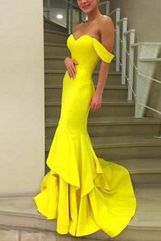 Celebrity Inspired Yellow Mermaid Off Shoulder Ruffled Formal Prom Dress Dresses Prom Season Fishtail Mermaid Dress With Ruffles, Fitted Floor-length Mermaid Dress With Ruffles, Prom Mermaid Dress With Ruffles, Floor-length Ruffled Mermaid Prom Dress, Fitted Evening Dress With Ruffle Hem, Prom Mermaid Dress With Ruffles And Fishtail, Fishtail Mermaid Dress With Ruffles For Prom, Ruffled Fishtail Mermaid Dress For Prom, Floor-length Mermaid Dress With Ruffles