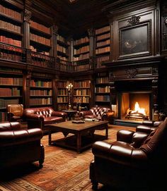 a library with leather couches and chairs in front of a fire place