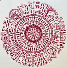 a red and white drawing on paper with an intricate design in the shape of a circle