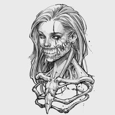 a drawing of a skeleton with long hair and fangs on it's face, holding a