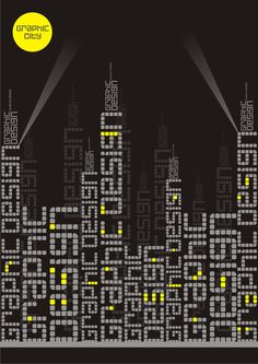 an image of a city at night with yellow lights on the buildings and black background