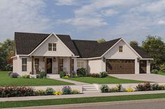 this is a computer rendering of the front view of a house with landscaping and flowers