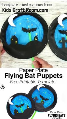 paper plate flying bat puppets with free printable templates for kids to play in