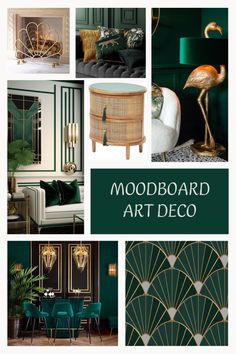 the mood board is filled with green and gold accents, including an art deco theme